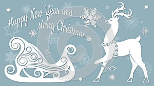 Sleigh, reindeer. Vector. Plotter cutting. Cliche. The image with the inscription - merry Christmas. For laser cutting