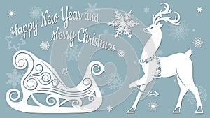 Sleigh, reindeer. Vector. Plotter cutting. Cliche. The image with the inscription - merry Christmas. For laser cutting photo