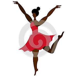 Slender African American woman dancing. Silhouette. Vector illustration. Ballerina in a coral dress. Graceful performer. Isolated.