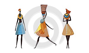 Slender African Woman Wearing Traditional Tribal Clothing and Necklace Carrying Vase on Her Head Vector Set