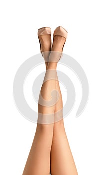 Close-up of slender legs of a girl in tights and high-heeled shoes raised up isolated on a white background