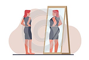 Slender girl looks in mirror and sees fat woman. Self-esteem psychological disorder. Slim female and overweight body