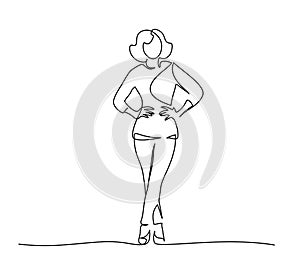 Slender girl standing in trousers. One line drawing