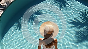 A slender girl in a swimsuit and beach hat walks into the pool.