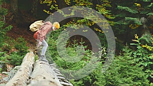 Slender girl walking along a log through a mountain river in the forest. Tourism in the Caucasus Reserve. Walking from