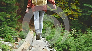 Slender girl walking along a log through a mountain river in the forest. Tourism in the Caucasus Reserve. Walking from