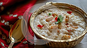 a slender golden bowl brimming with creamy white kheer, accompanied by a gleaming gold spoon, resting atop a crimson