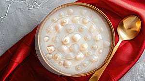 a slender golden bowl brimming with creamy white kheer, accompanied by a gleaming gold spoon, resting atop a crimson