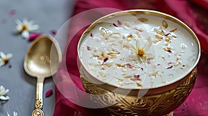 a slender golden bowl brimming with creamy white kheer, accompanied by a gleaming gold spoon, resting atop a crimson