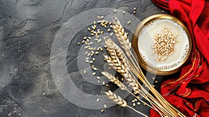 a slender golden bowl brimming with creamy white kheer, accompanied by a gleaming gold spoon, resting atop a crimson