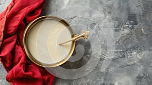 a slender golden bowl brimming with creamy white kheer, accompanied by a gleaming gold spoon, resting atop a crimson