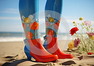 Slender legs and cute colorful hippie flower power plastic boots in beach sand - generative AI