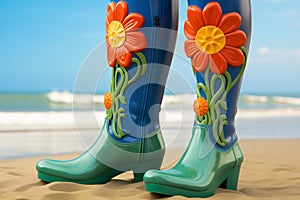 Slender legs and cute colorful hippie flower power plastic boots in beach sand - generative AI