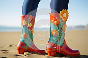 Slender legs and cute colorful hippie flower power plastic boots in beach sand - generative AI