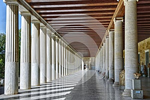 Slender rows of columns of the ancient temple in the Athens Agora.