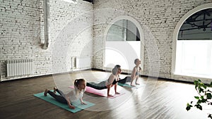Slender sporty girls are doing yoga complex moving from plank position into upward-facing dog and then downward-facing