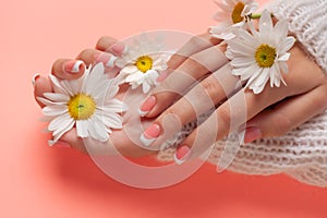 Slender young hands hold flowers, with a thin wrist, clean skin and French manicure. Flat lay photo, with place for text