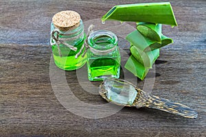 Slice Aloe Vera Aloe barbadensis Mill.,Star cactus,  Aloin, Jafferabad or Barbados  and Aloe vera essential oil with gel in