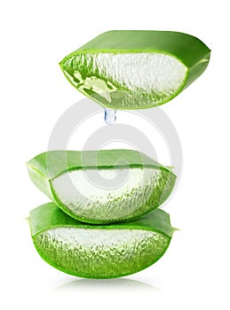 Slice of Aloe vera leaf with juice drop on white background. Natural ingredient for herbal beauty product, cosmetology,