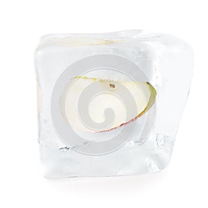 Slice Apple frozen in ice cube, ice cube in front view, single ice cube isolated on white background. 3d rendering