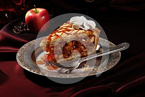 slice of apple pie with fork on dessert plate