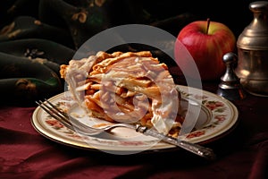 slice of apple pie with fork on dessert plate