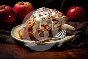 slice of apple pie with fork on white plate