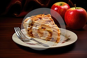 slice of apple pie with fork on white plate