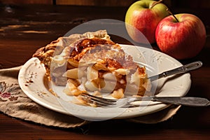 slice of apple pie with fork on white plate