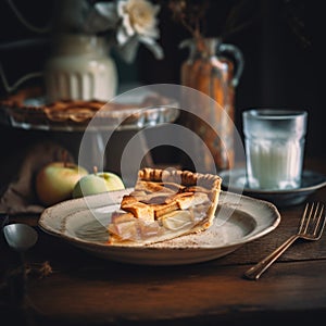 A slice of apple pie on a plate with a fork and knife, AI
