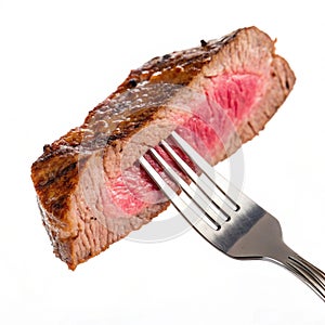Slice of beef steak on a fork isolated on transparent background