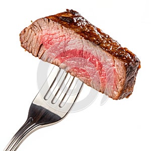 Slice of beef steak on a fork isolated on transparent background