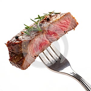 Slice of beef steak on a fork isolated on transparent background