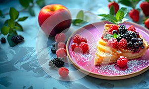 Slice of Berry apple raspberry blackberry cream curd fruit tart tartlet pastry dessert on pink plate