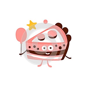 Slice Of Birthday Cake With Balloon Children Birthday Party Attribute Cartoon Happy Humanized Character In Girly Colors