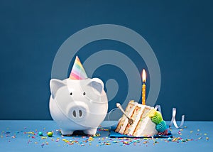 Slice of Birthday Cake with Piggy Bank