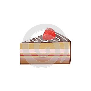 A slice of birthday cake with strawberries. Isolated vector logo illustration.