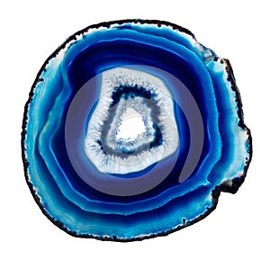 Slice of blue agate crystal on a white background