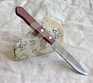 Slice of blue cheese with knife