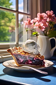 A slice of blueberry pie with a scoop of ice cream. Generative AI,