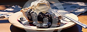 A slice of blueberry pie with a scoop of ice cream. Generative AI,