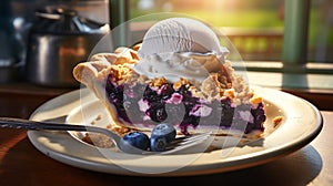 A slice of blueberry pie with a scoop of ice cream. Generative AI,