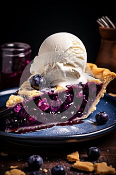 A slice of blueberry pie with a scoop of ice cream. Generative AI,