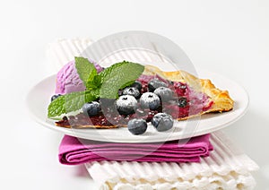 Slice of blueberry tart with ice cream