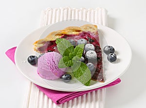 Slice of blueberry tart with ice cream