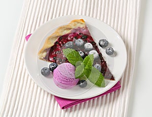 Slice of blueberry tart with ice cream