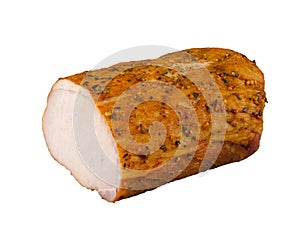 Slice of boiled ham isolated on white. This image has better resolution and quality, and absolute sharpness from foreground to