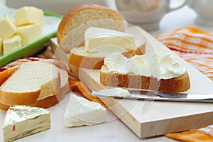 Slice of bread with cream cheese and butter for breakfast
