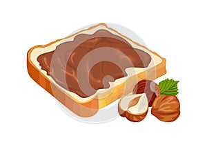 Slice of bread spread with chocolate cream and hazelnuts isolated on white background.