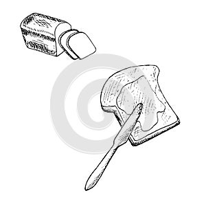 Slice bread, toast with butter and knife. Ink hand drawn monochrome sketch stock vector illustration